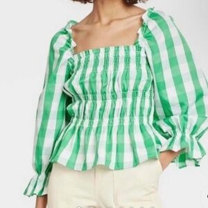 Who What Wear green gingham puff sleeve smocked top